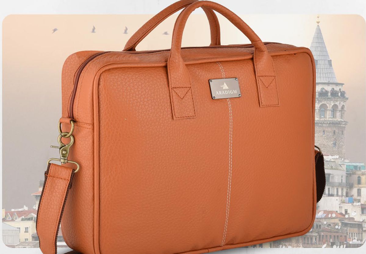 Tan leather-finish executive briefcase — custom programme example